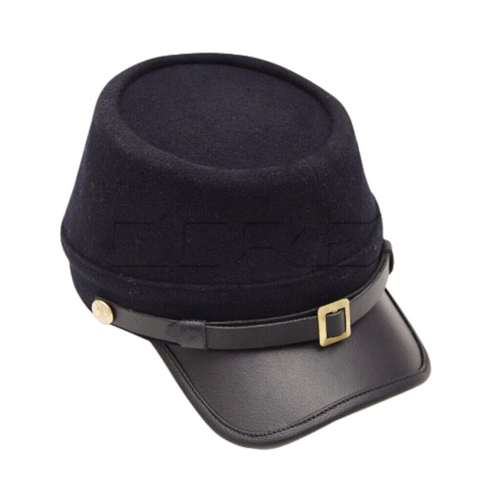 100% Wool With Leather Peak And Strap Fully Lined & Top Quality With brass side buttons and center buckle. Handmade kepi made from design of an original civil war kepi. Product features quilted cotton lining The Kepi has thick mock-leather visor, authentic brass buttons, leather sweat band and cotton lining. that offer's a great wearing comfort and good breath ability.