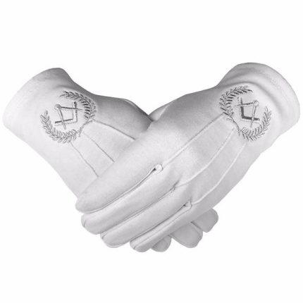 Masonic Cotton Gloves with Machine Embroidery Square Compass Silver