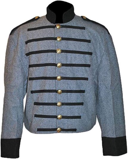 civil war shell jacket best for re-enactors Made of 100 % grey Wool,Fully-Lined with brown muslin cotton single Breasted 9 Buttons on Front , Inside Pocket , Stand-up Collar. This shell jacket features black collars and cuff./.