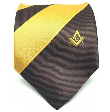 Masonic Masons Brown and Yellow Tie with Square Compass & G