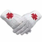Masonic Knight Templar Red Nordic Cross White Cotton Machine Embroidery Glove