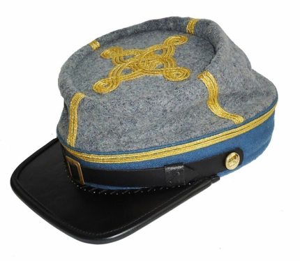 Civil War Kepi-Civil War Confederate Infantry Captain's Leather Peak Kepi, Grey/Sky blue 2 rows