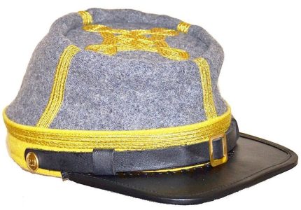 100% Wool With Leather Peak And Strap Fully Lined & Top Quality With brass side buttons and center buckle. Handmade kepi made from design of an original civil war kepi. Product features quilted cotton lining The Kepi has thick mock-leather visor, authentic brass buttons, leather sweat band and lining.that offer's a great wearing comfort and good breath-ability.