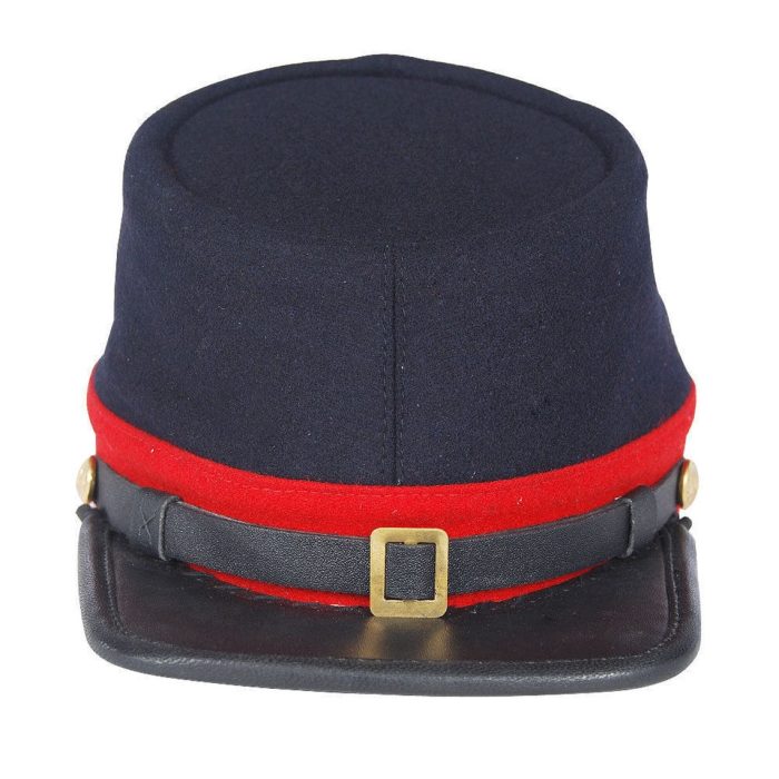 Civil War Union Artillery Leather Peak Plain Kepi, Navy Blue with Red Band Hat