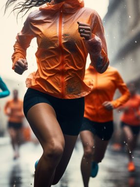 Different ethnic group womans in color sportswear, running at city in splashes rain.